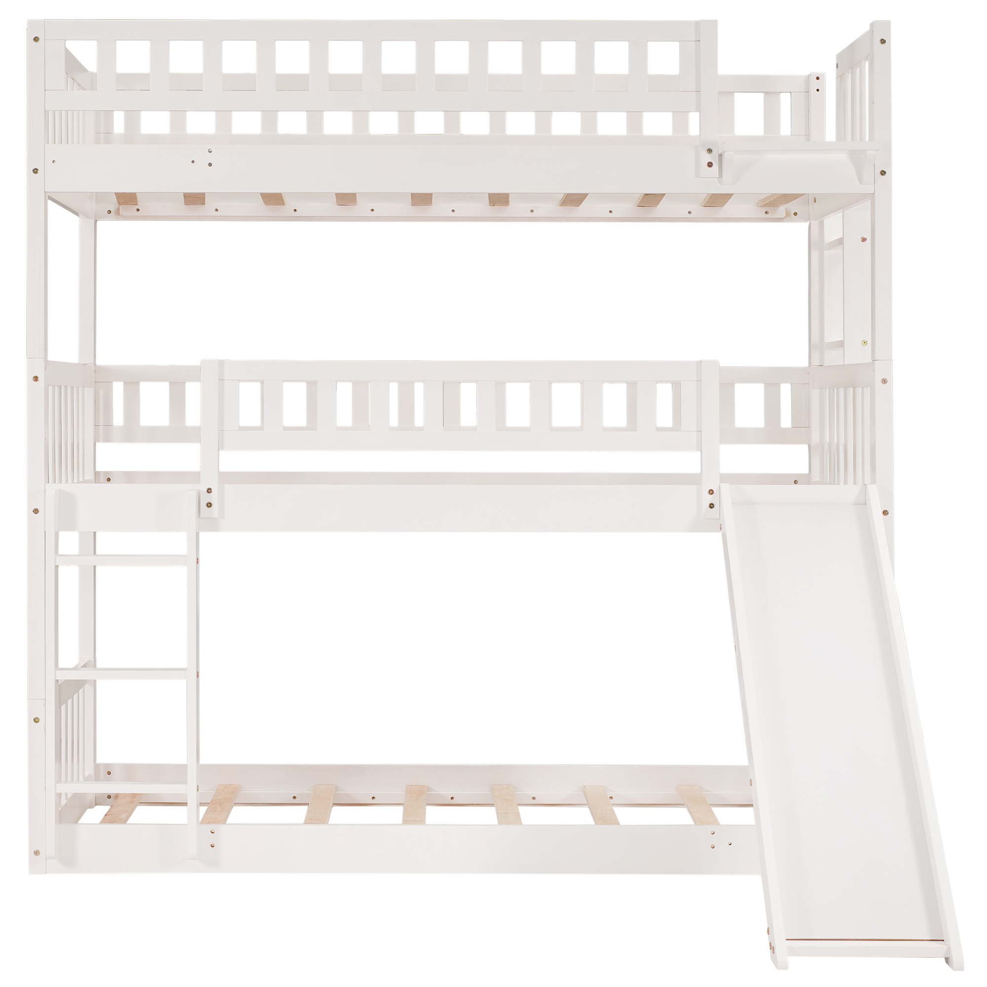 White Twin-Over-Twin-Over-Twin Triple Bunk Bed with Built-in Ladder and Slide，Guardrails