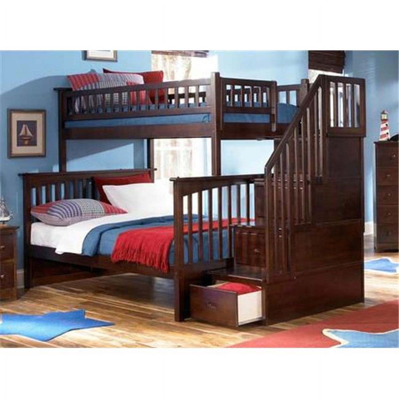Columbia Stair Bunk, Twin Over Full Size - Antique Walnut