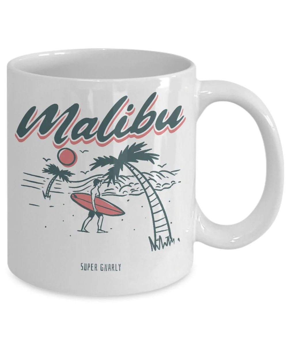 Vintage Surf Super Gnarly Malibu Beach Surfer White Gift coffee mug