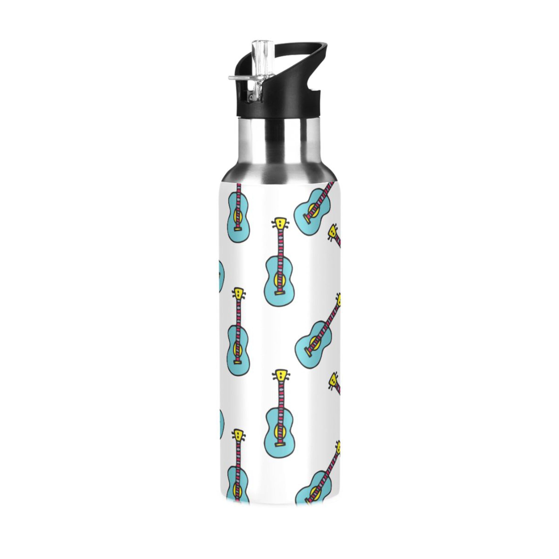 Cute Guitars Water Bottles Insulated Thermos Kids Stainless Steel Bottle with Straw Lid Flask Leakproof for Sports Gym 20 oz