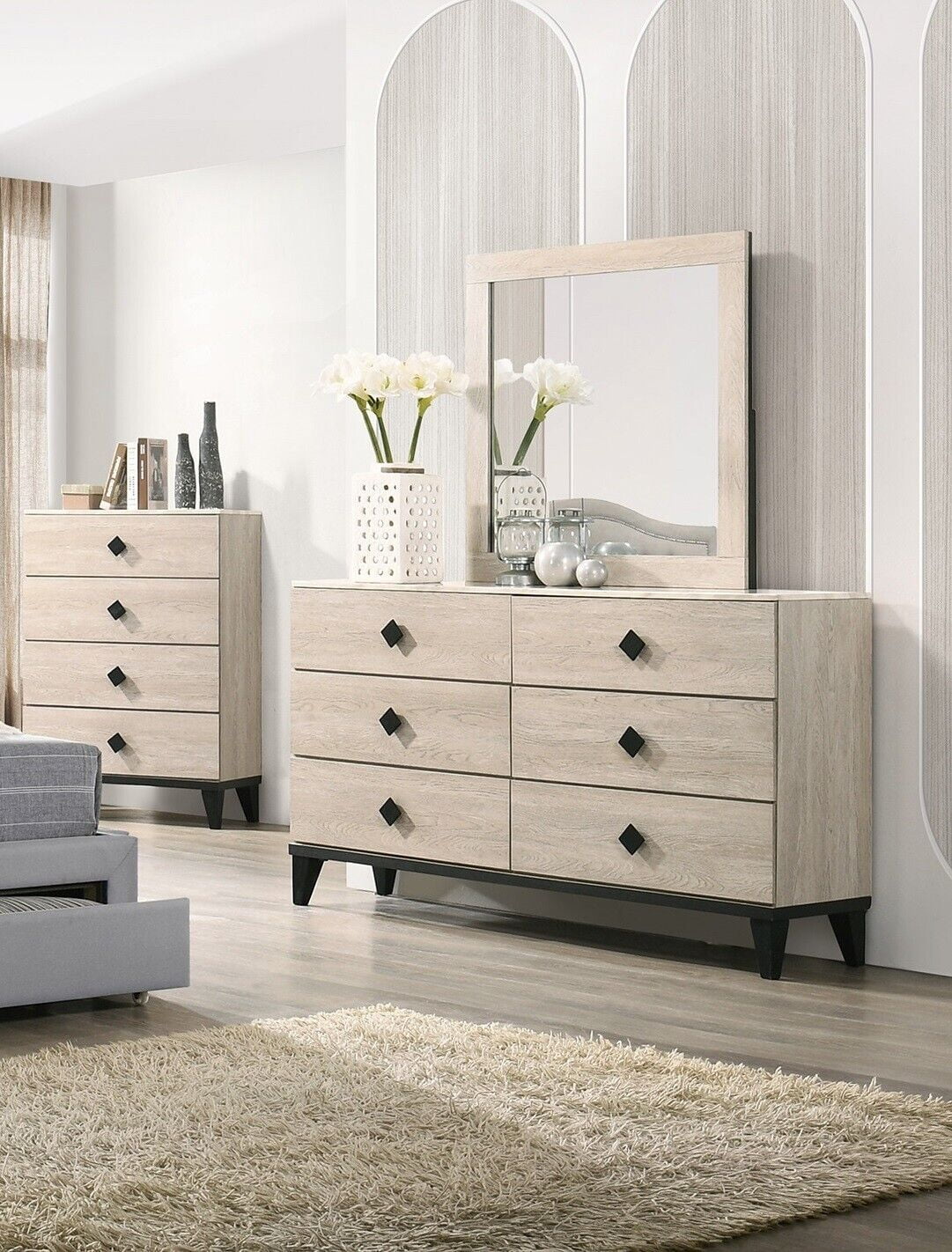 Transitional Light Gray Twin Size Bed Dresser Mirror Nightstand 4pc Bedroom Set Tufted Burlap Fabric Storage Bed