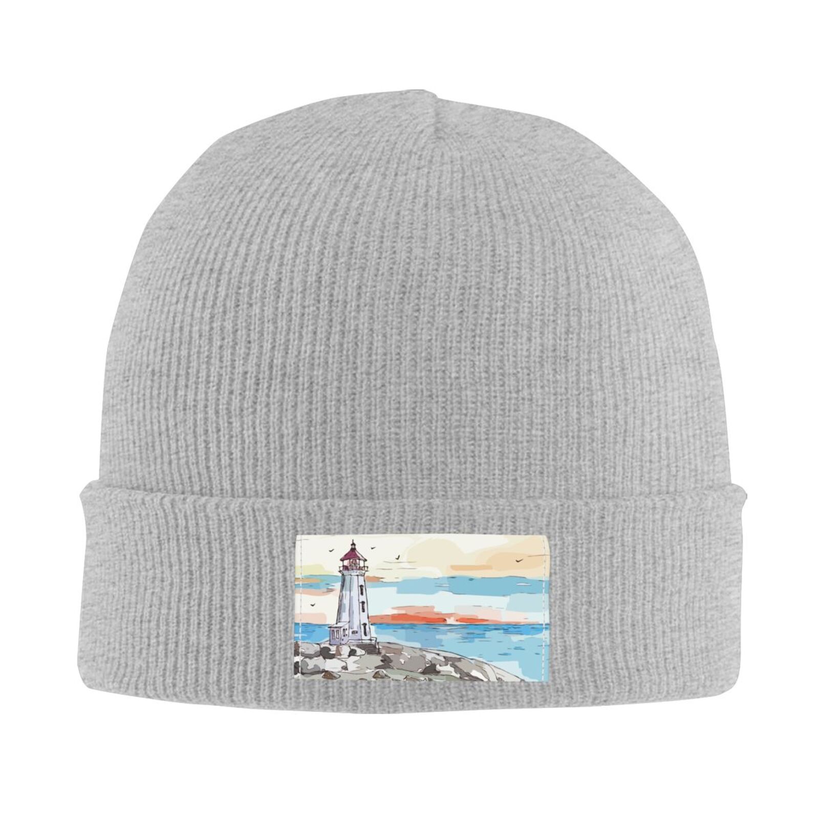 LNWH Knitted Acrylic Hat, Lighthouse Milestone Watercolor Painting Pattern Winter Beanie Hat for Cold Weather, Gray