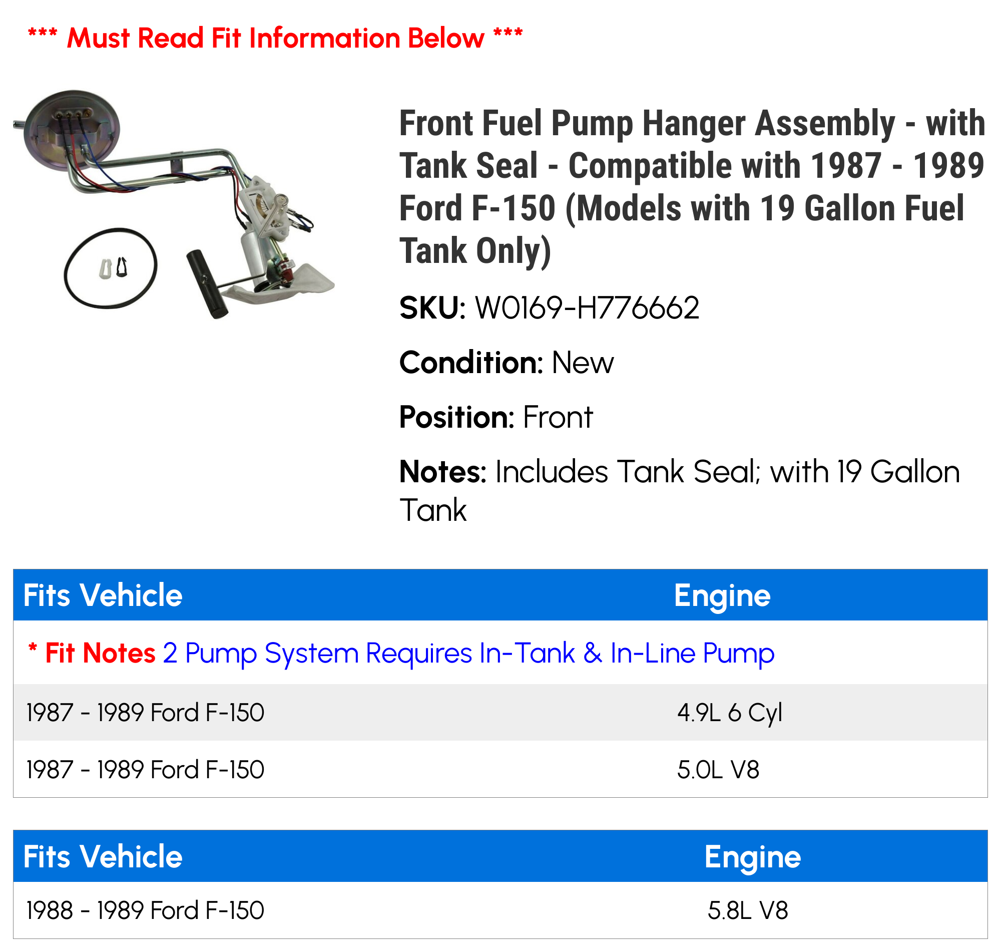Front Fuel Pump Hanger Assembly - with Tank Seal - Compatible with 1987 - 1989 Ford F-150 (Models with 19 Gallon Fuel Tank Only) 1988