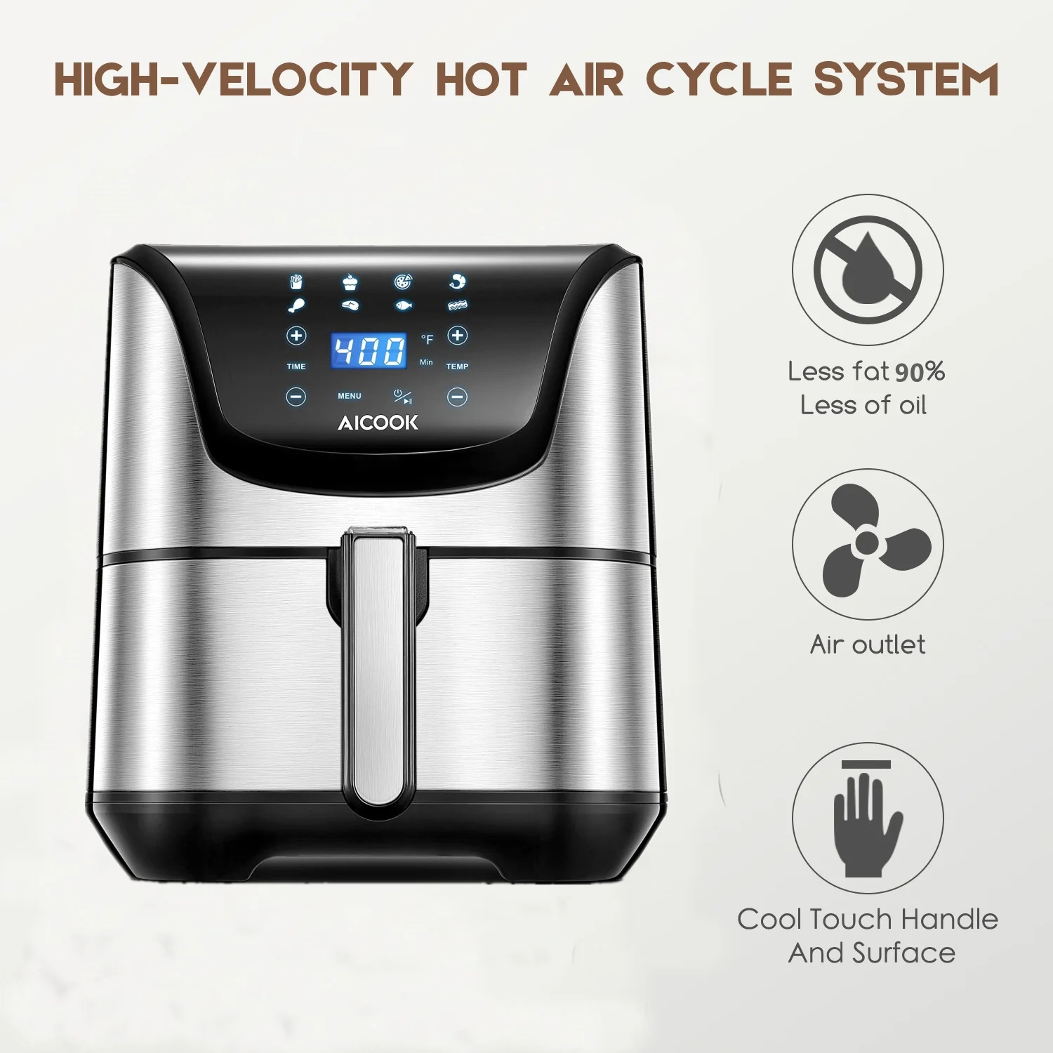 AICOOK 1700-Watt 5.8-Quart 8-in-1 Digital Air Fryer with Recipe Book, Silver