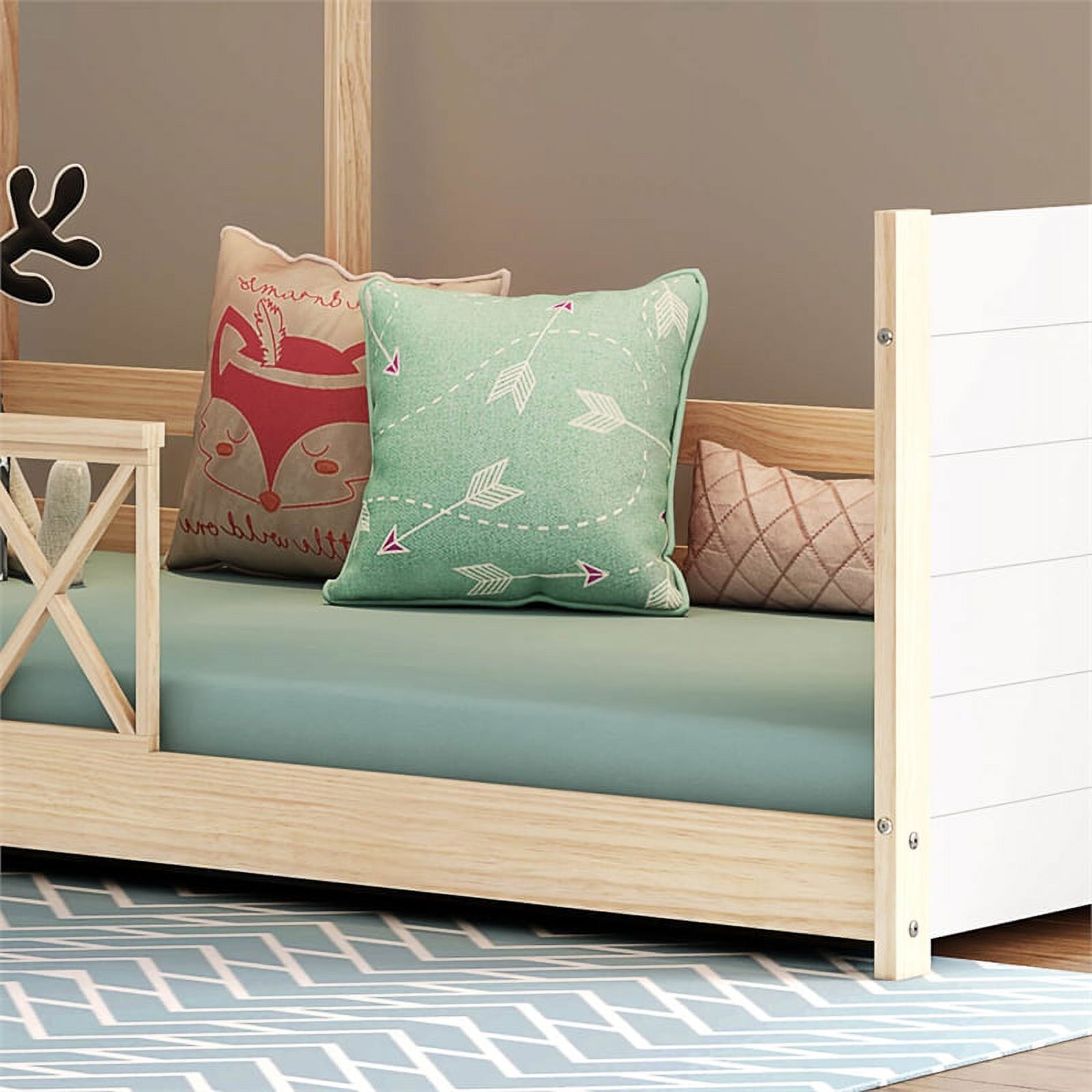 Pemberly Row Modern Solid Wood Twin Daybed with Roof and Guardrails in White/Oak