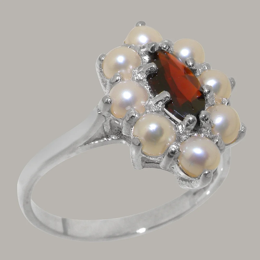 LBG British Made Solid 18k White Gold ring with Natural Garnet & Cultured Pearl Womens Engagement Ring - 33 size options - Size 9.75