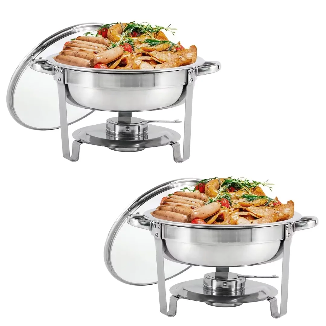 HORESTKIT Chafing Dish Buffet Set 2 Pack Round Stainless Steel Chafers and Buffet Warmers Sets Full Size w/Water Pan, Food Pan, Fuel Holder and Glass Viewing Lid 5 QT, for Catering Party Event Serving