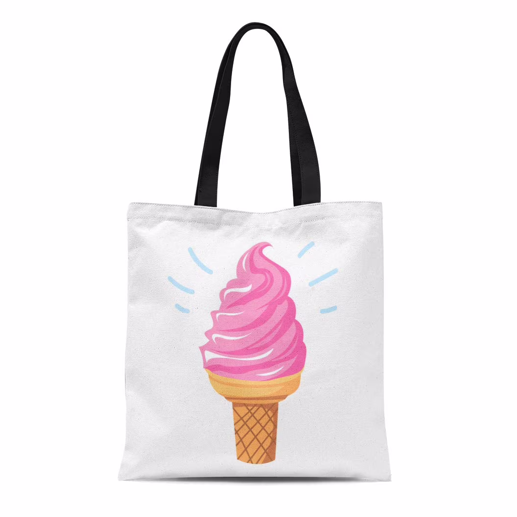 KDAGR Canvas Tote Bag Brown Ball Flat Ice Cream in Waffle Cone Pink Durable Reusable Shopping Shoulder Grocery Bag