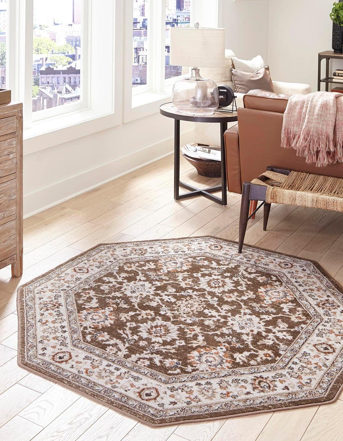 Charlotte Collection Rug – 8 Ft Octagon Brown Low-Pile Rug Perfect For Living Rooms, Kitchens, Entryways