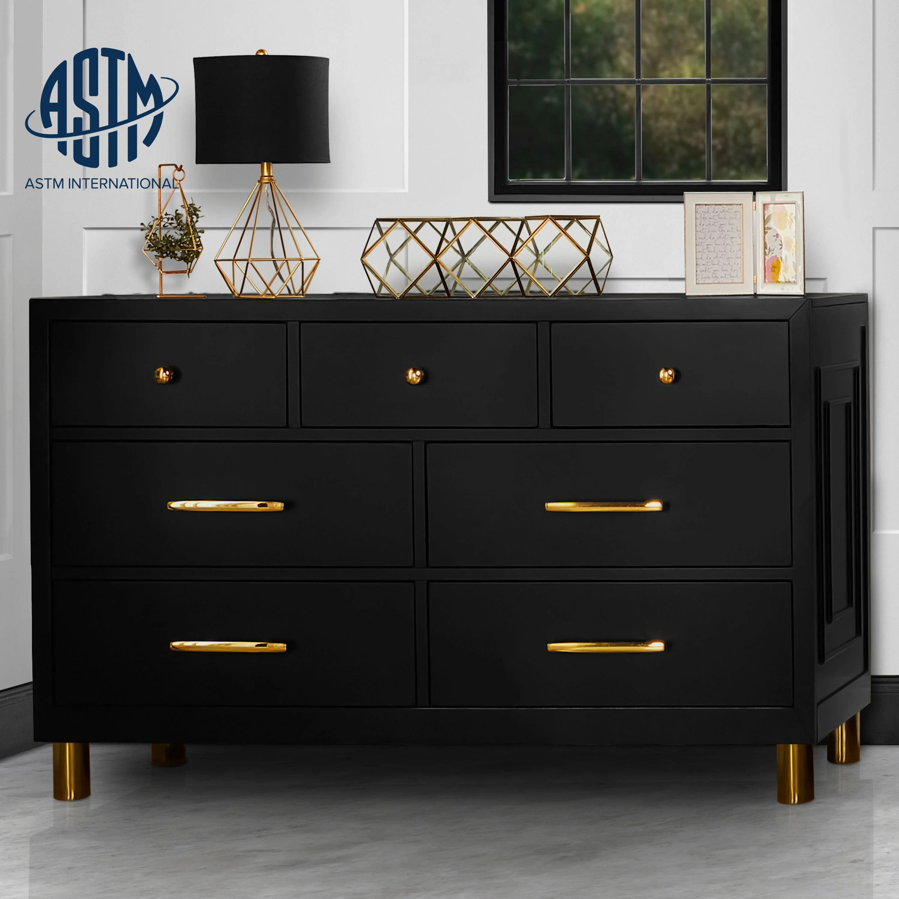 Evolur Loft Art Deco Double Dresser with 7 Drawers, Metal Drawer Pulls, Black, Modern