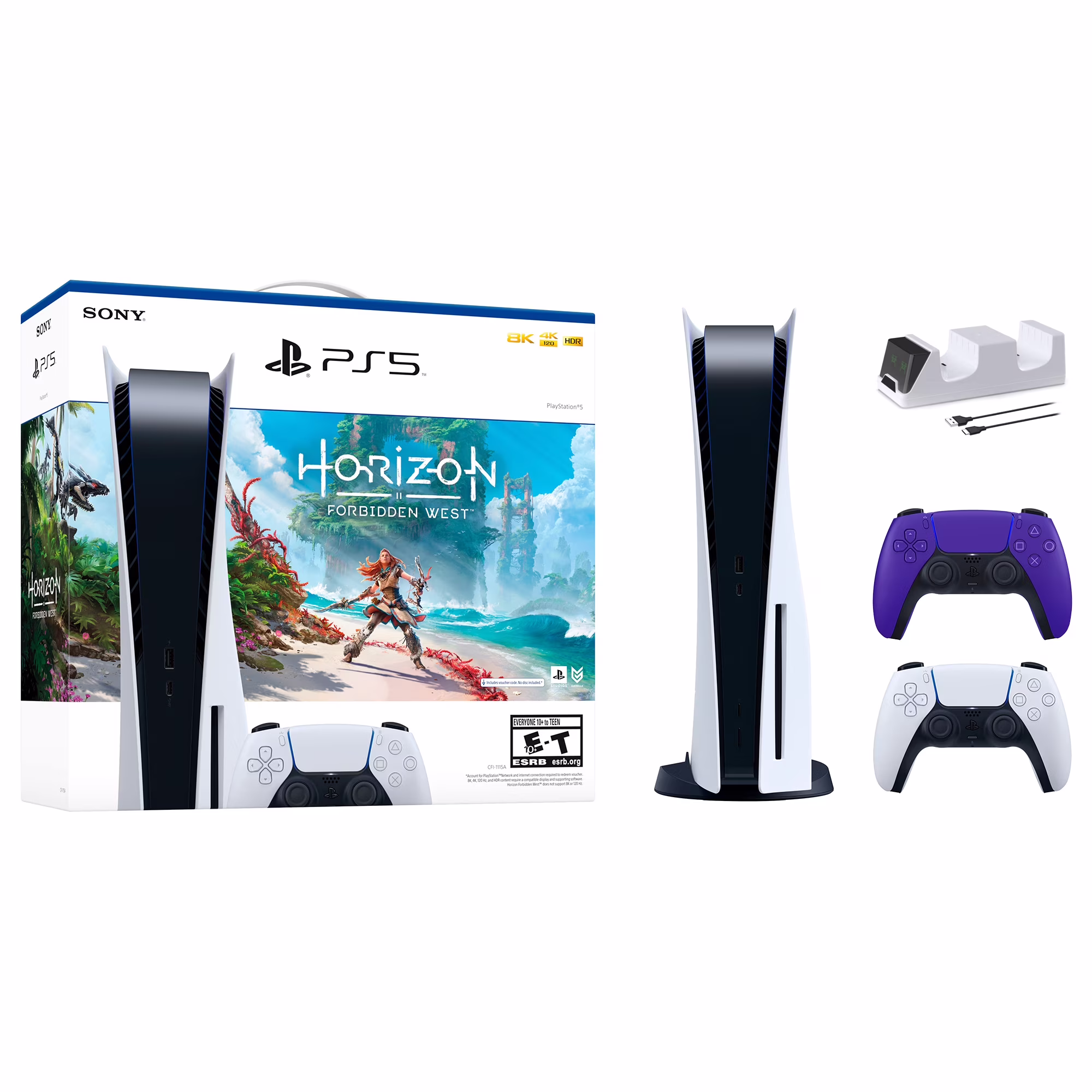 PlayStation 5 Disc Edition Horizon Forbidden West Bundle with Two Controllers White and Galactic Purple DualSense and Mytrix Dual Controller Charger