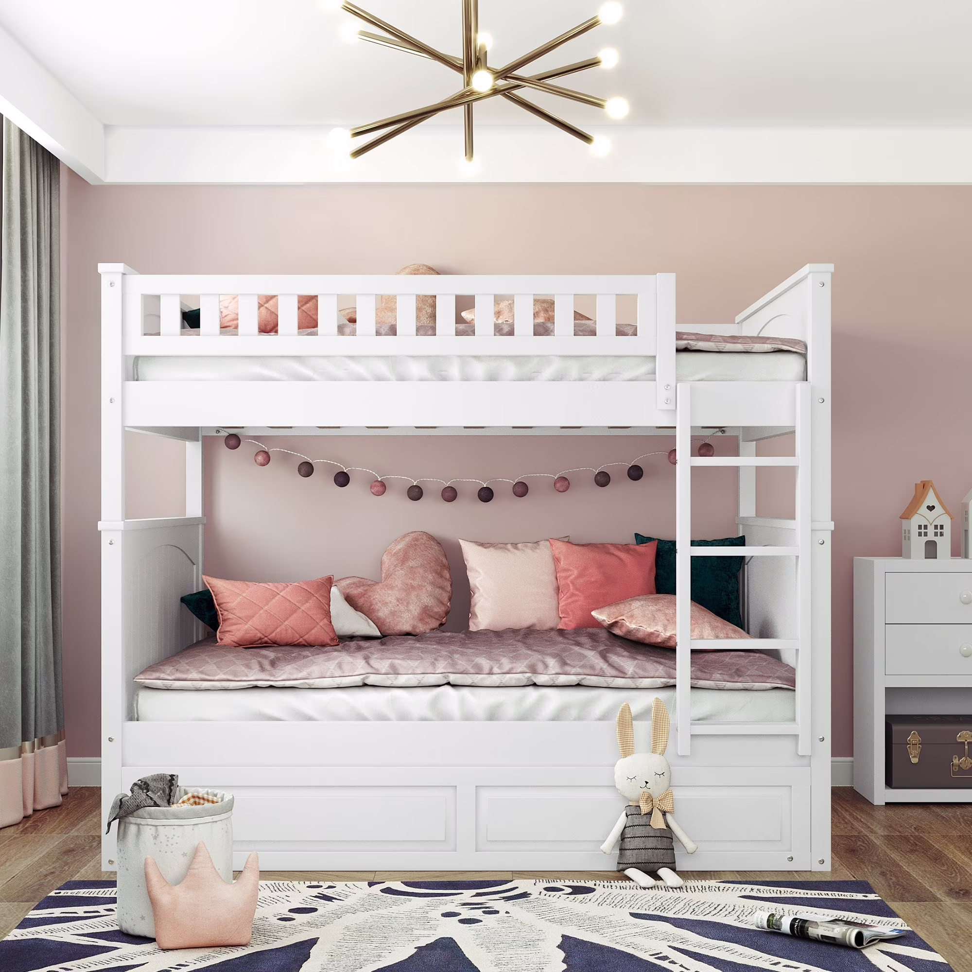 Home Adores Yzel Full Over Full Bunk Bed with Twin Size Trundle White