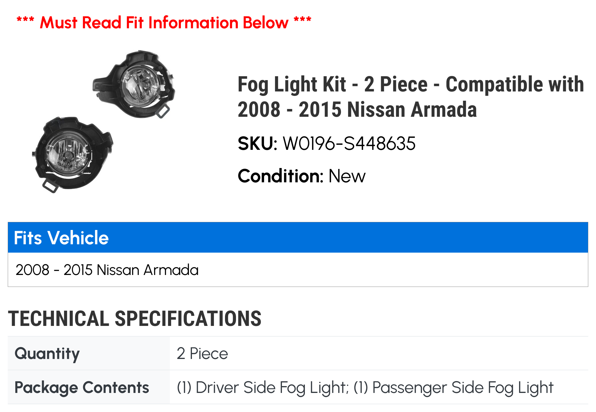 Fog Light Kit - 2 Piece - Compatible with 2008 - 2015 Nissan Armada 2009 2010 2011 2012 2013 2014