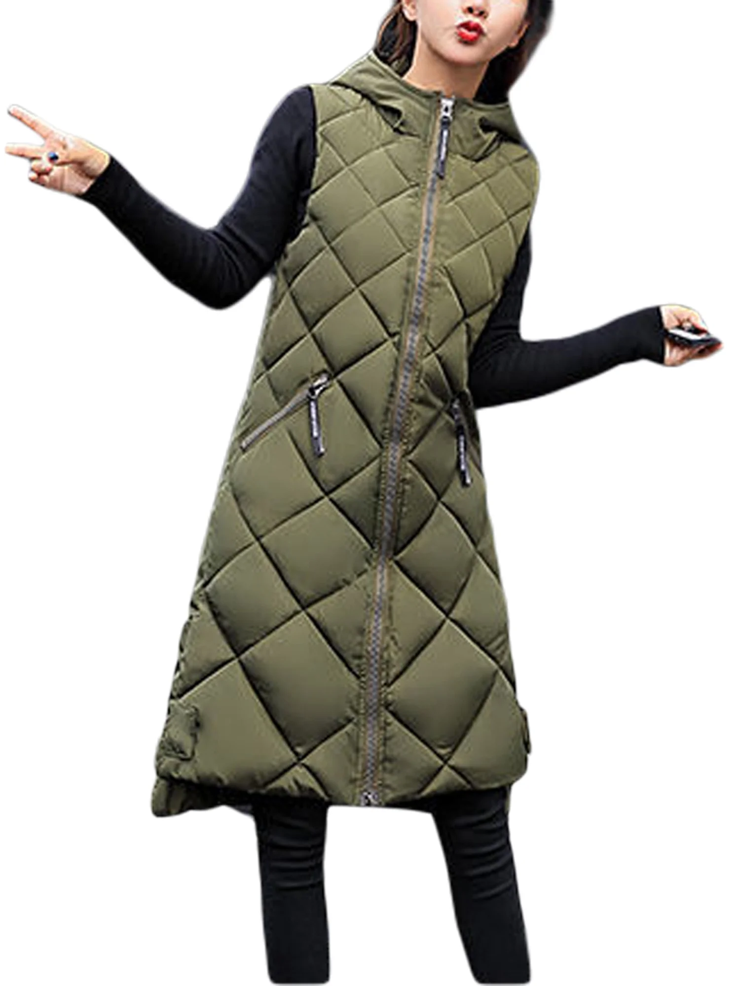 wybzd Womens Long Puffer Vest, Winter Warm Sleeveless Coat Quilted Vest Outwear with Hood Army Green XXL