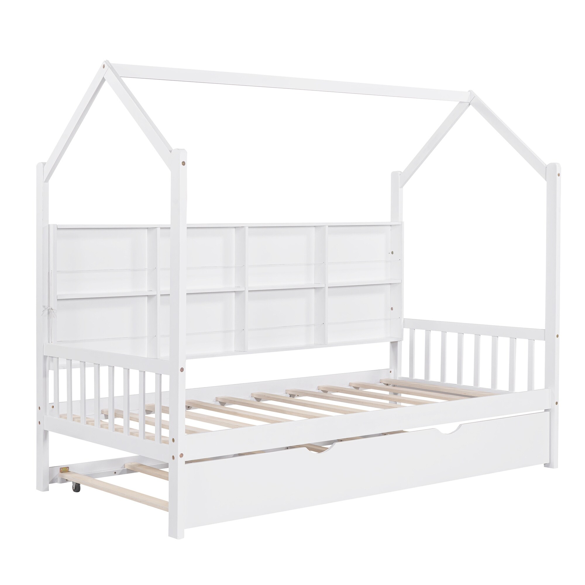 YJTONWIN Wooden Twin Size House Bed with Trundle Kids Bed with Shelf White