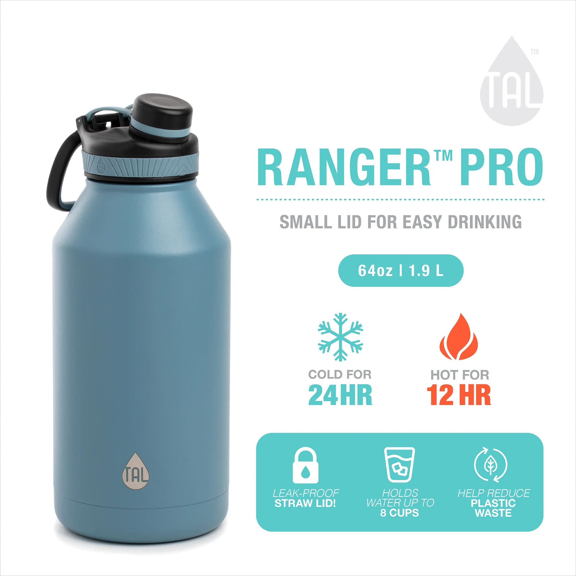TAL Stainless Steel Ranger Water Bottle 64 fl oz, Slate