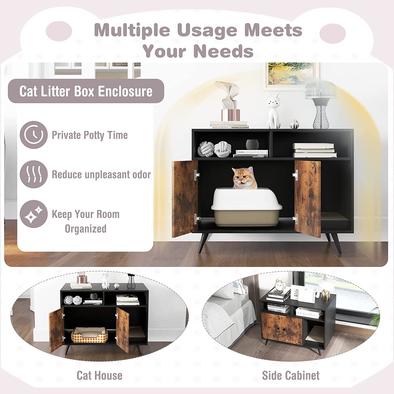 Cat Litter Box Enclosure, Hidden Cat Washroom Furniture with Double Door Cabinet, Compartments & Cat Scratch Pad, Pet House Side Table for Indoor Cats, Litter Box Furniture (Rustic Brown)