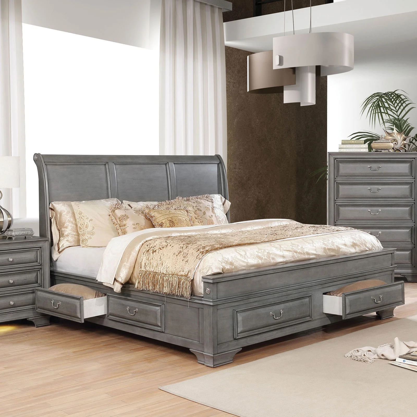 Elegance 3pc Bedroom Furniture Set Transitional Solid wood Eastern King Size Bed 2x Nightstands w USB Gray Storage Bed Drawers