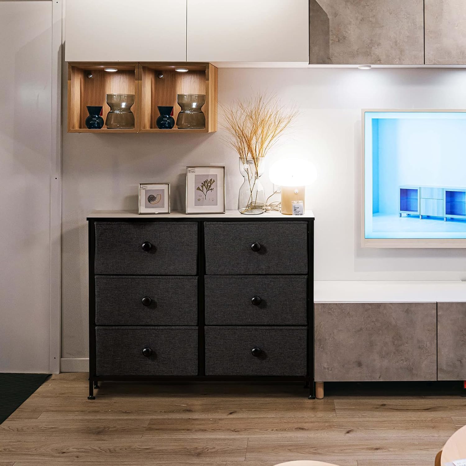 Duhome 6-Drawer Dress, Chest Organizer Unit With Textured Print Fabric Bins, Fabric Dresser For Bedroom Hallway Nursery Entryway With Steel Frame And Wood Top, Dark Grey