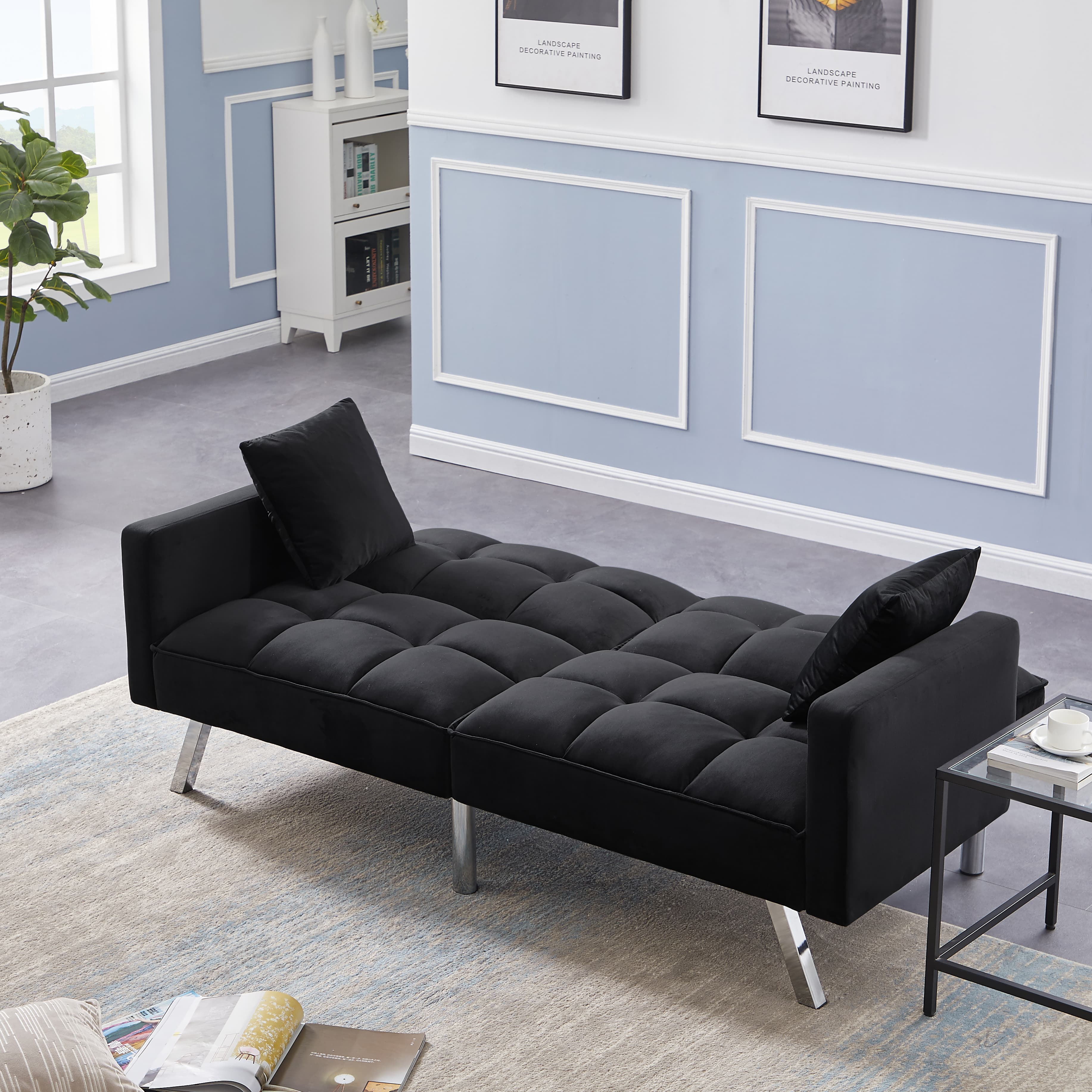 BSHTI Modern Velvet Futon Sofa Bed,Upholstered Tufted Convertible Sofa Sleeper with 2 Pillow(Black)