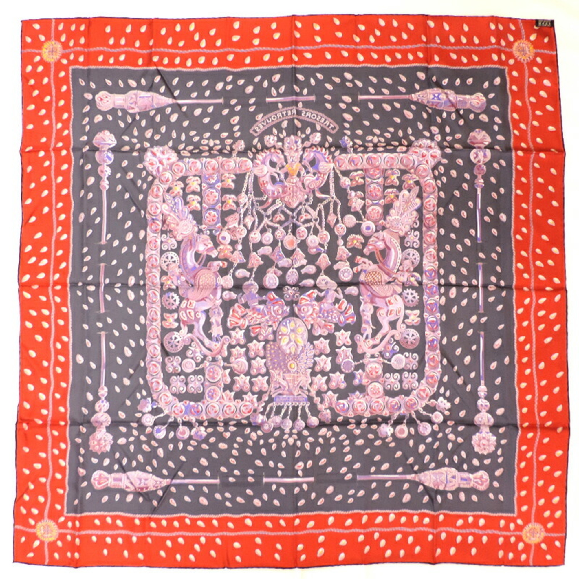 Pre-Owned Hermes Carre 90 Hidden Treasure Women's Scarf Muffler 100% Silk Gray Purple Orange (Good)