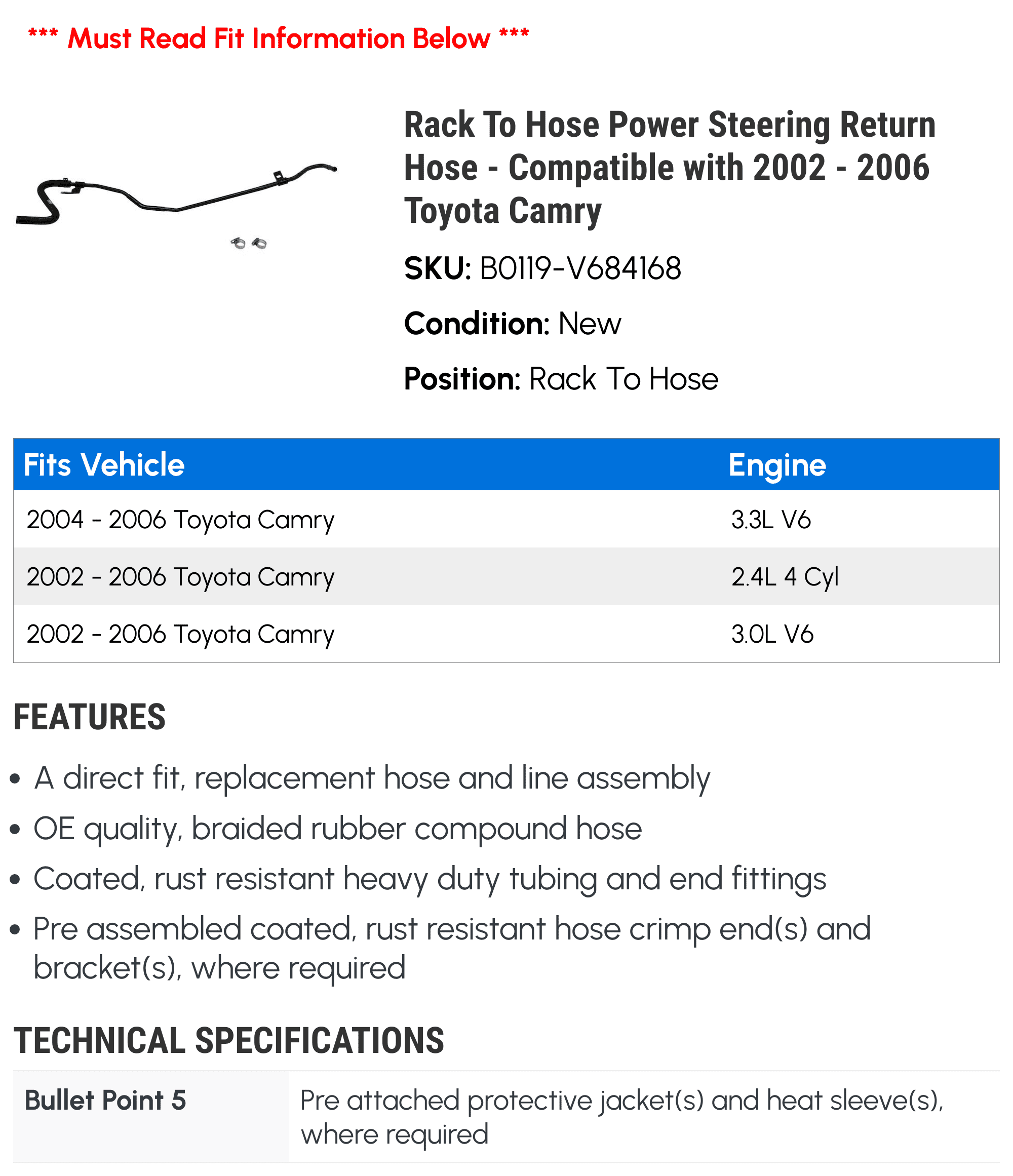 Rack To Hose Power Steering Return Hose - Compatible with 2002 - 2006 Toyota Camry 2003 2004 2005