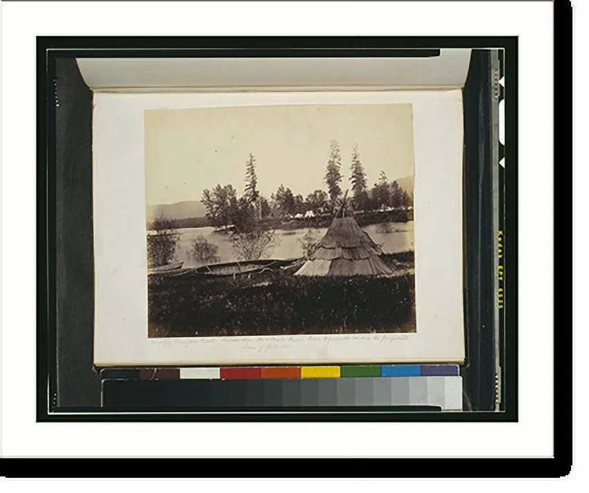 Historic Framed Print, Boundary Commission depot, Siniakwateen, Pend Oreille River - Indian wigwam and canoe in the foreground, season of the flood, 1861, 17-7/8