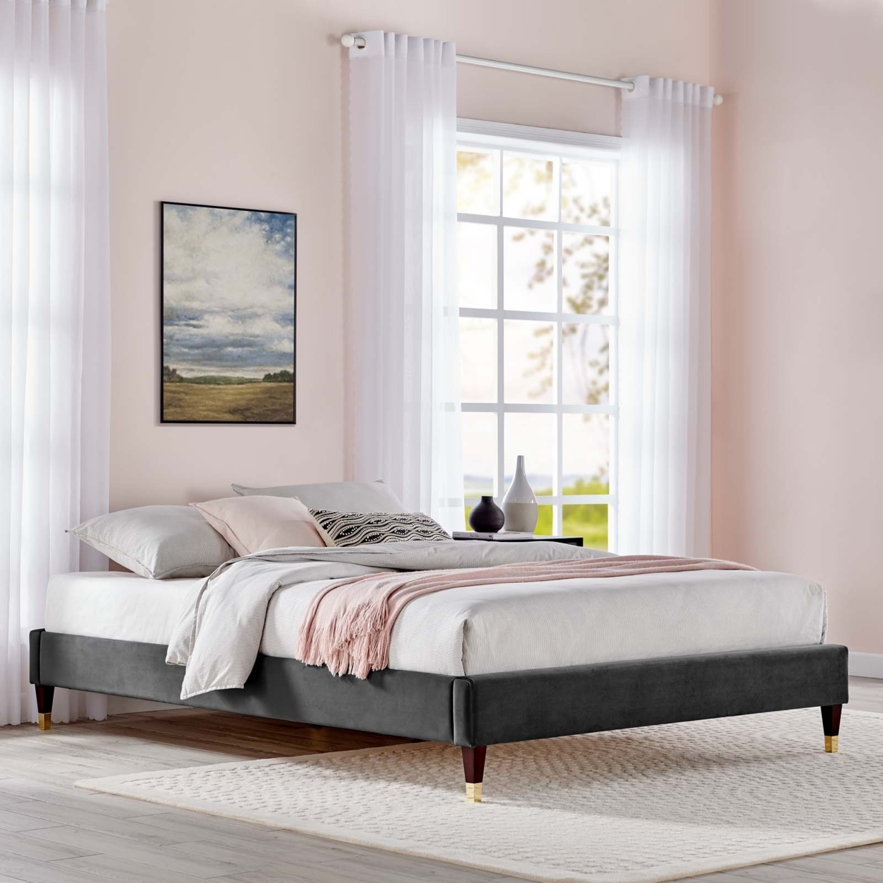 Modway Harlow King Performance Velvet Platform Bed Frame in Charcoal