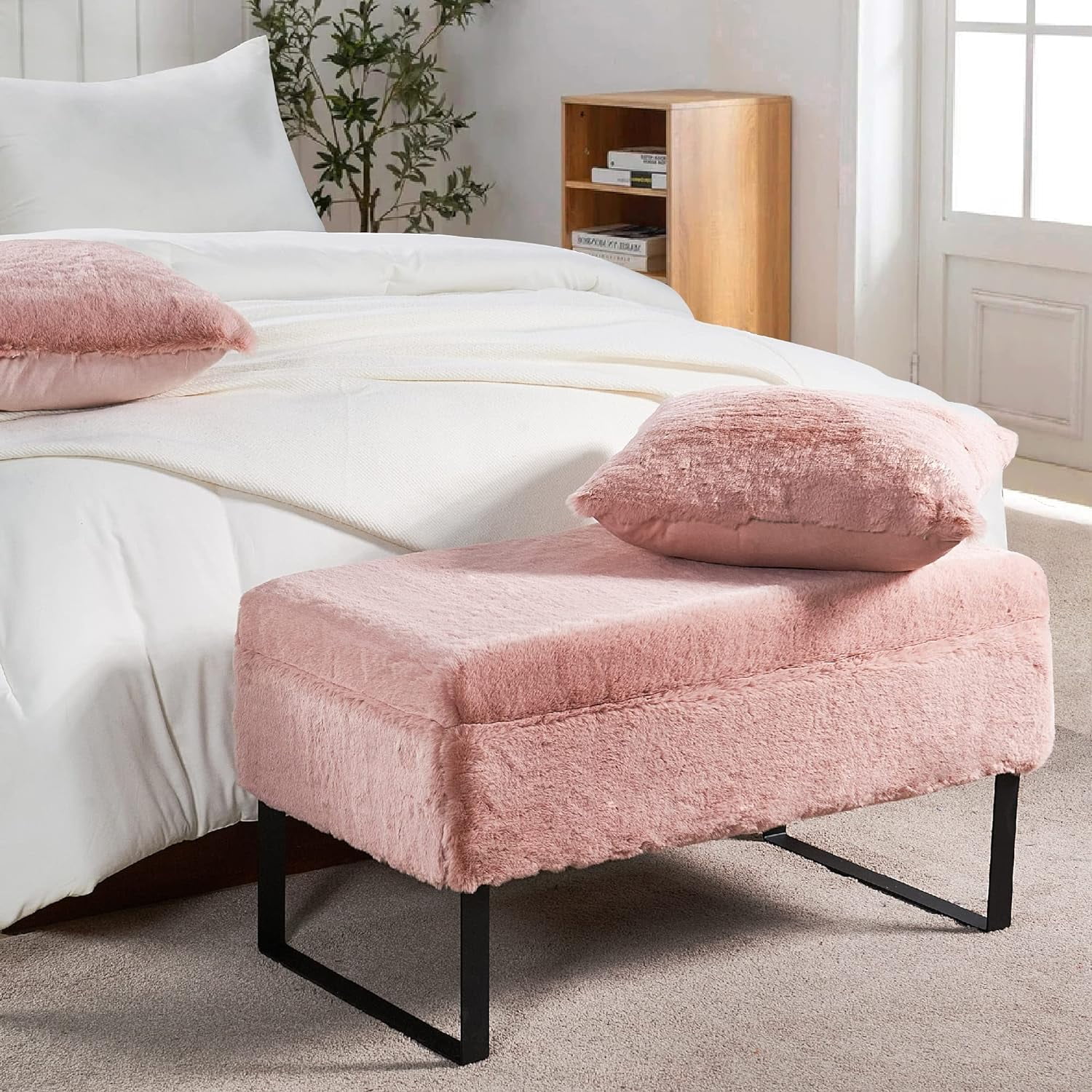 Heavy Faux Fur Storage Ottoman, 36'' X 18'' X 19''H / 20'' X 20'' Pillow Set, Rose Quartz, Foot Rest Stool Ottoman Living Room Bedroom End Of Bed Makeup Entryway Bench Throw Pillow