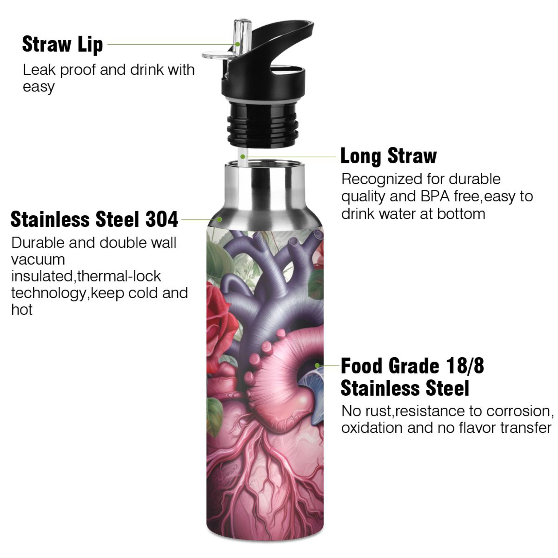 Roses Abstract Heart Water Bottles Insulated Thermos Kids Stainless Steel Bottle with Straw Lid Flask Leakproof for Sports Gym 20 oz