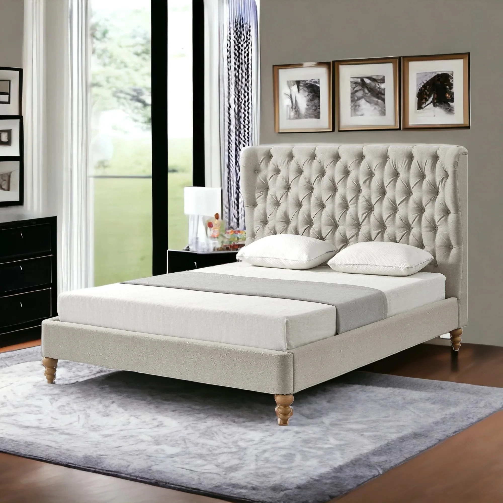 Cream Solid Wood Twin Tufted Upholstered Linen Bed