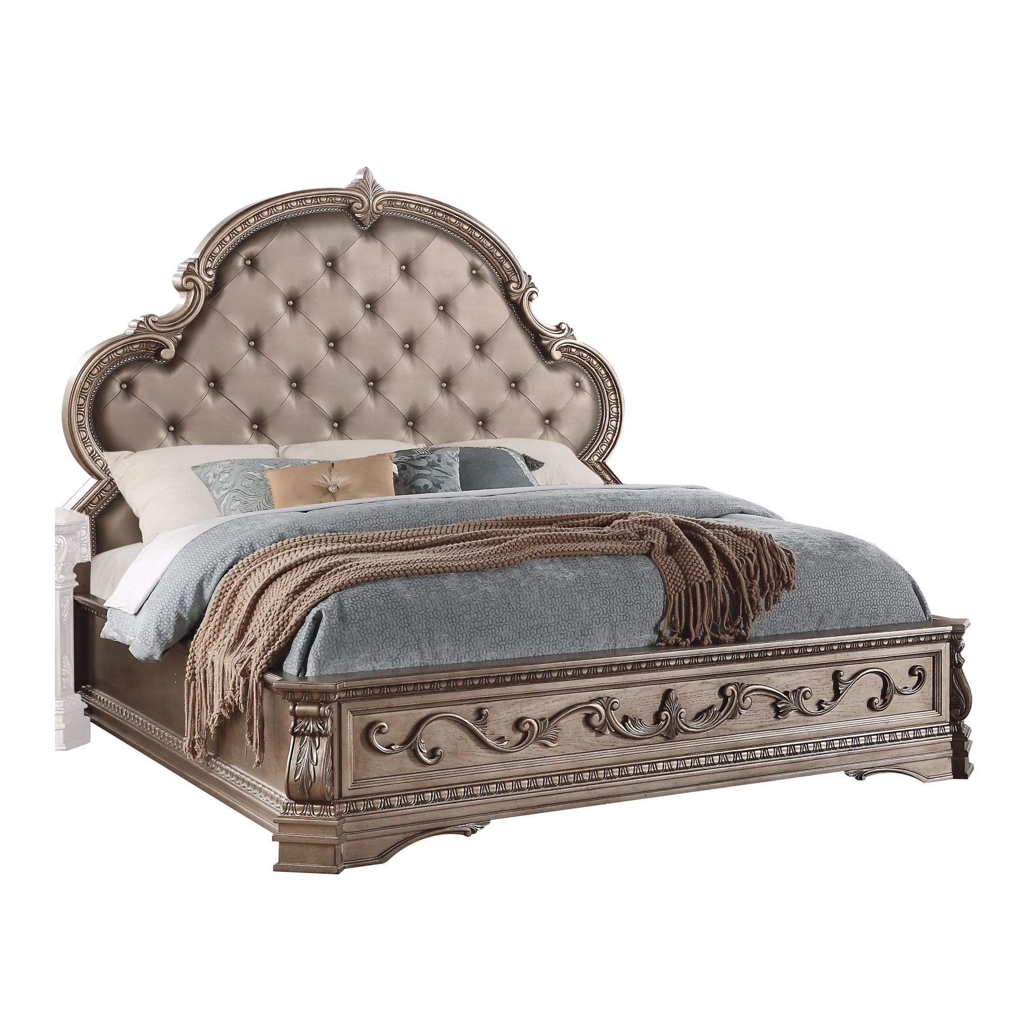 Traditional Style Wooden Queen Size Bed with Button Tufting and Nailhead Trims, Champagne Gold