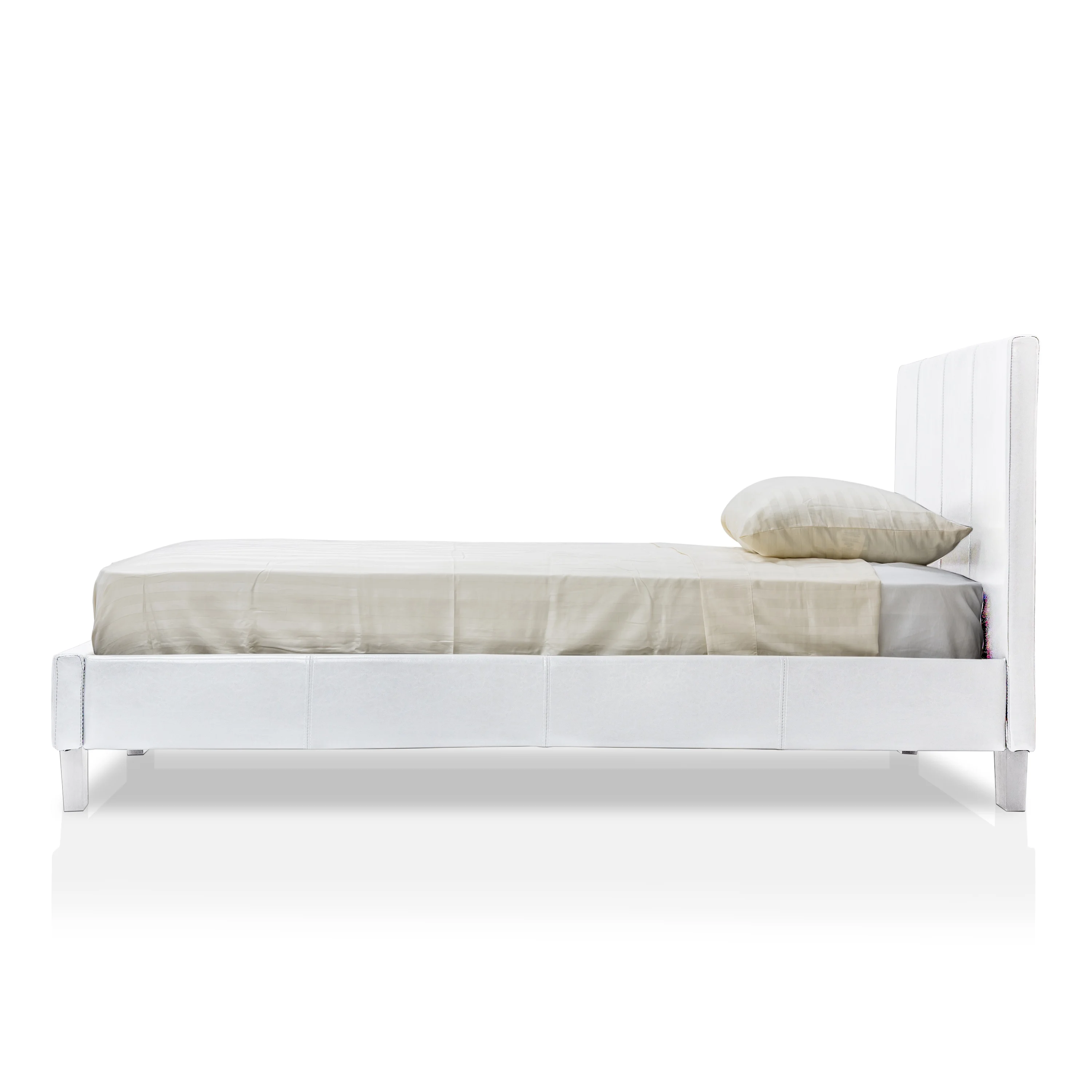 Furniture of America Queen Size Platform Leatherette Bed with 8-Inch Mattress, White (Assembly Required)