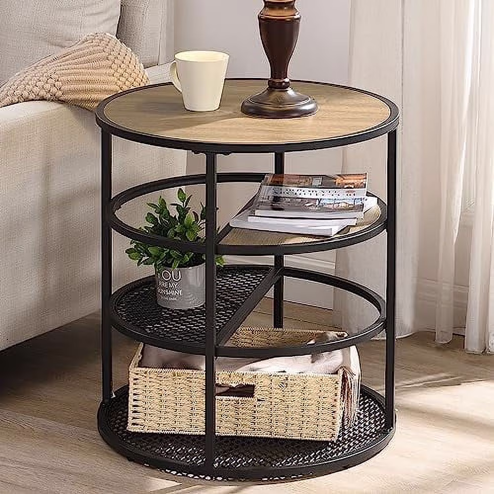 Round End Tables  4-Tiers Rustic Industrial Side Table  End Table with Wood Metal Frame Bedside Table for Bed Living Room Farmhouse  Brown