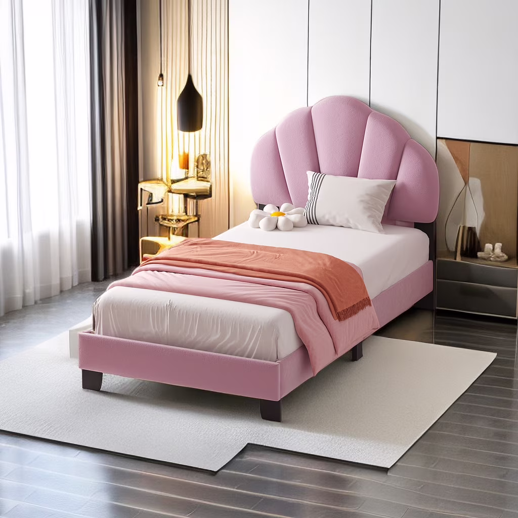 Twin Upholstered Bed with Shell-Shaped Headboard, Cute Bed Frame Shell-Shaped Twin Size Kids Bed Modern Velvet Platform Bed with Sturdy Wood Slats Support/No Box Spring Needed/Easy Assembly