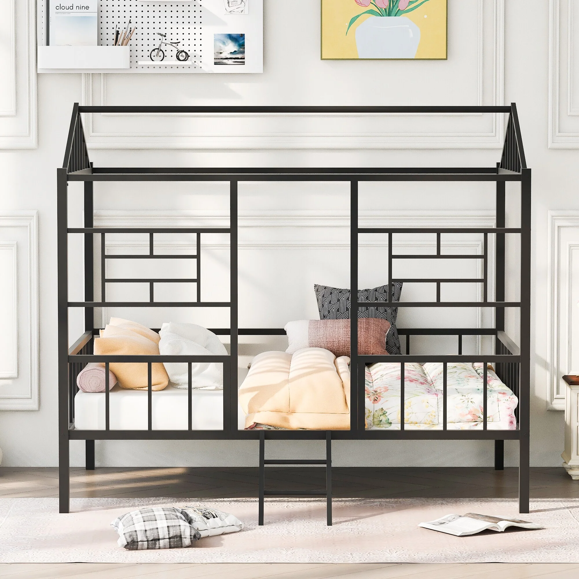 Nestfair  Full Size Metal House Bed Frame with Slatted Support Black