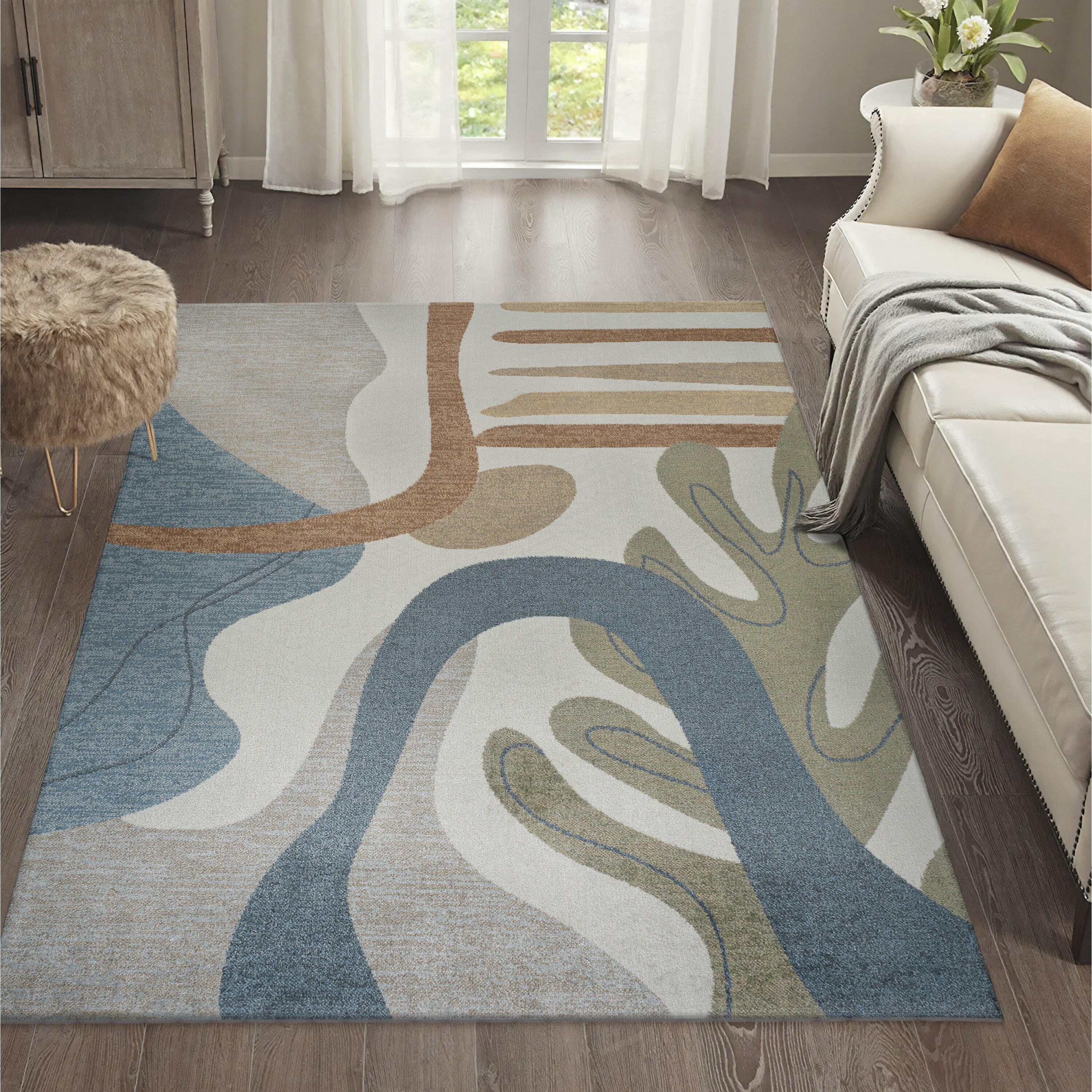 JONATHAN Y  Weaver Abstract Glam Botanical Machine-Washable Cream/Multi Area Rug 4 X 6