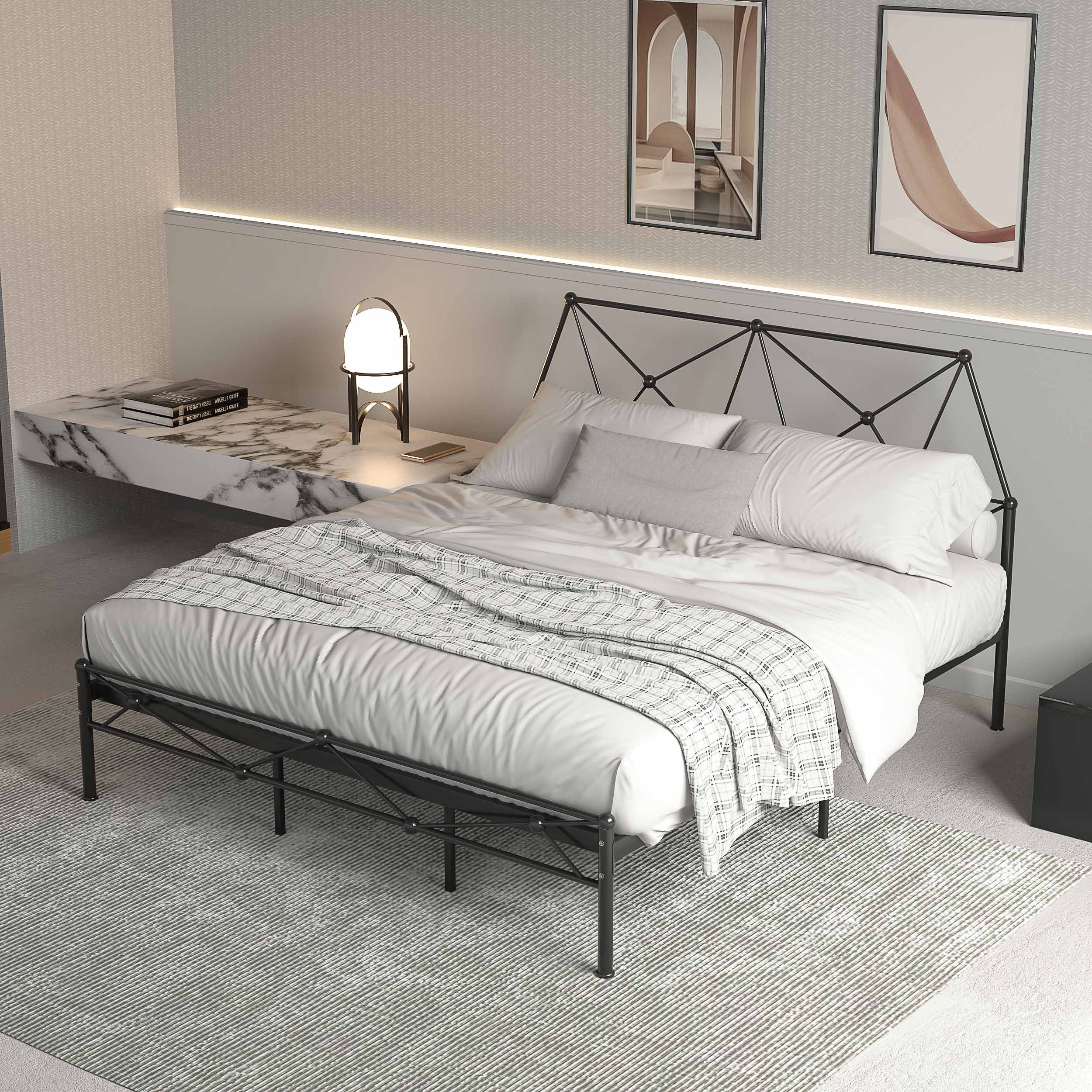 Black low tail metal bedstead, headboard with strip simple design style, 78.74 inches by 70.86 inches. H44.09 in