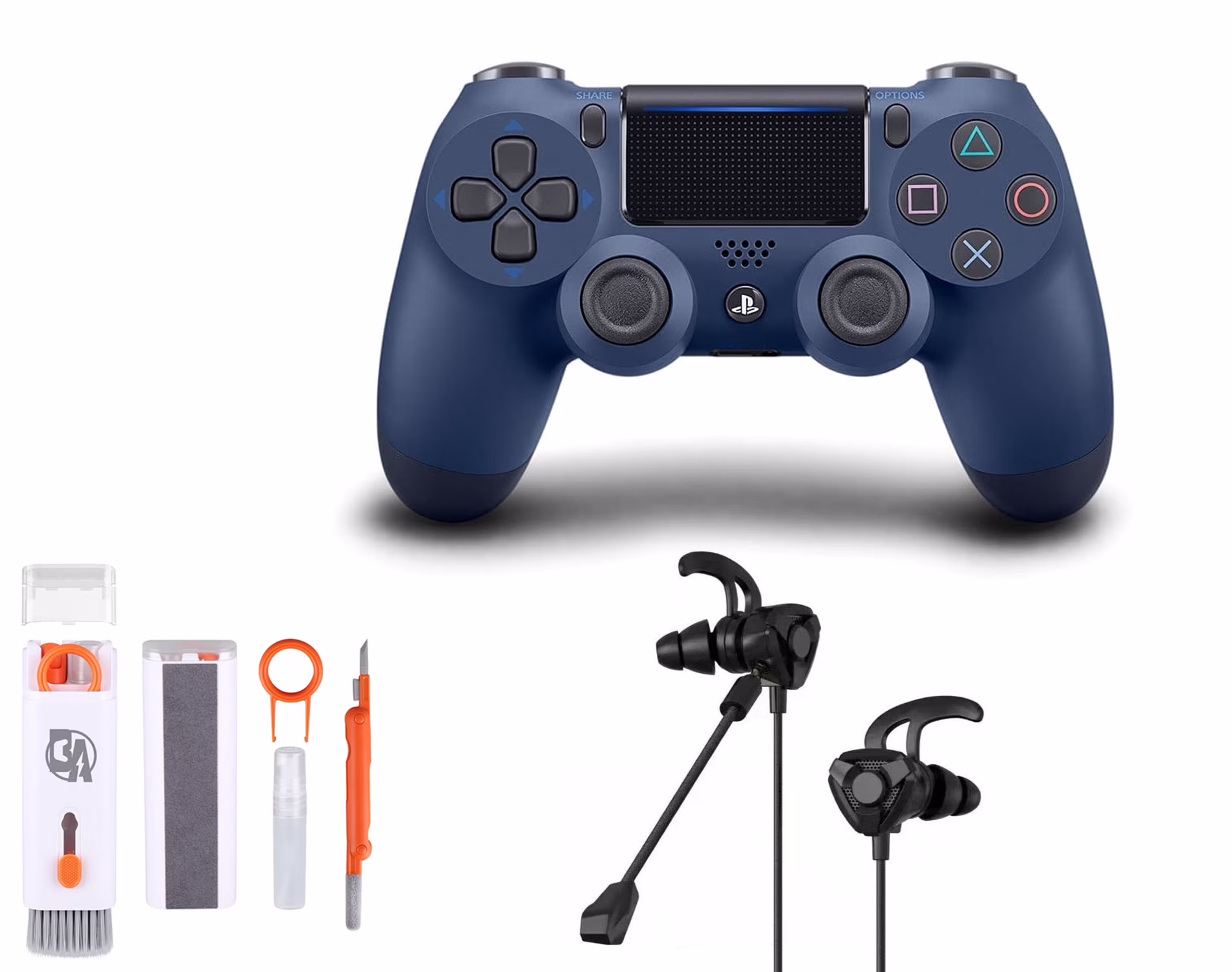 Sony Dual Midnight Blue Gaming Controller PS4 Console With Black Gaming Buds + Cleaning Kit BOLT AXTION Bundle Like New