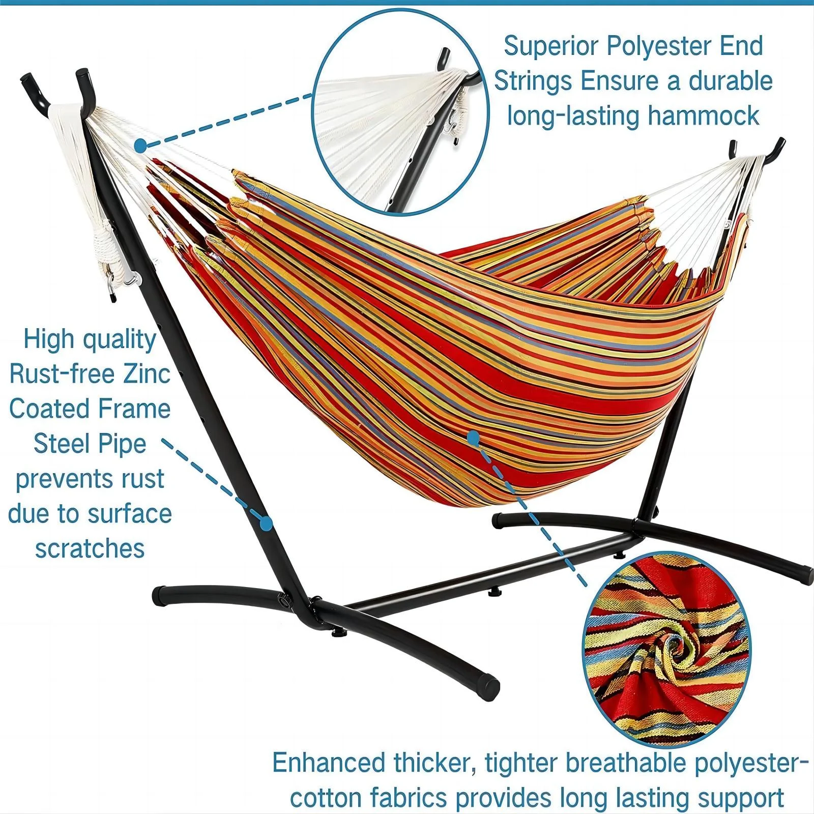 Inolait 2-Person Brazilian-Style Cotton Double Hammock with Stand Set with Carrying Bag - Red Stripes