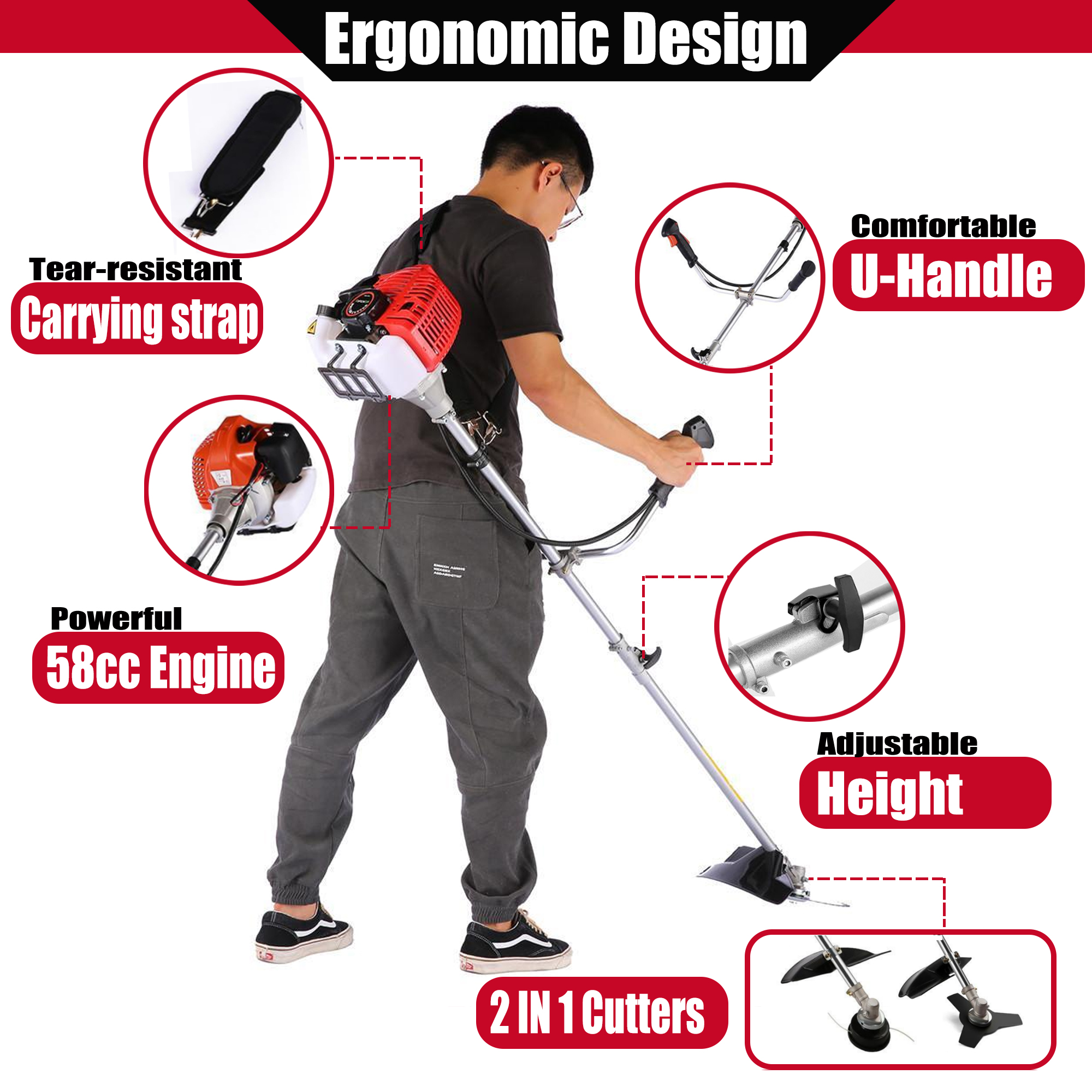 42.7cc Gas Weed Wacker, 2 in 1 Weed Eater 2-Cycle Gas Powered Grass Trimmer, Adjustable Straight Shaft Gasoline Powered Weed Eater, Brush Cutter and Gas String Trimmer, Gas Power