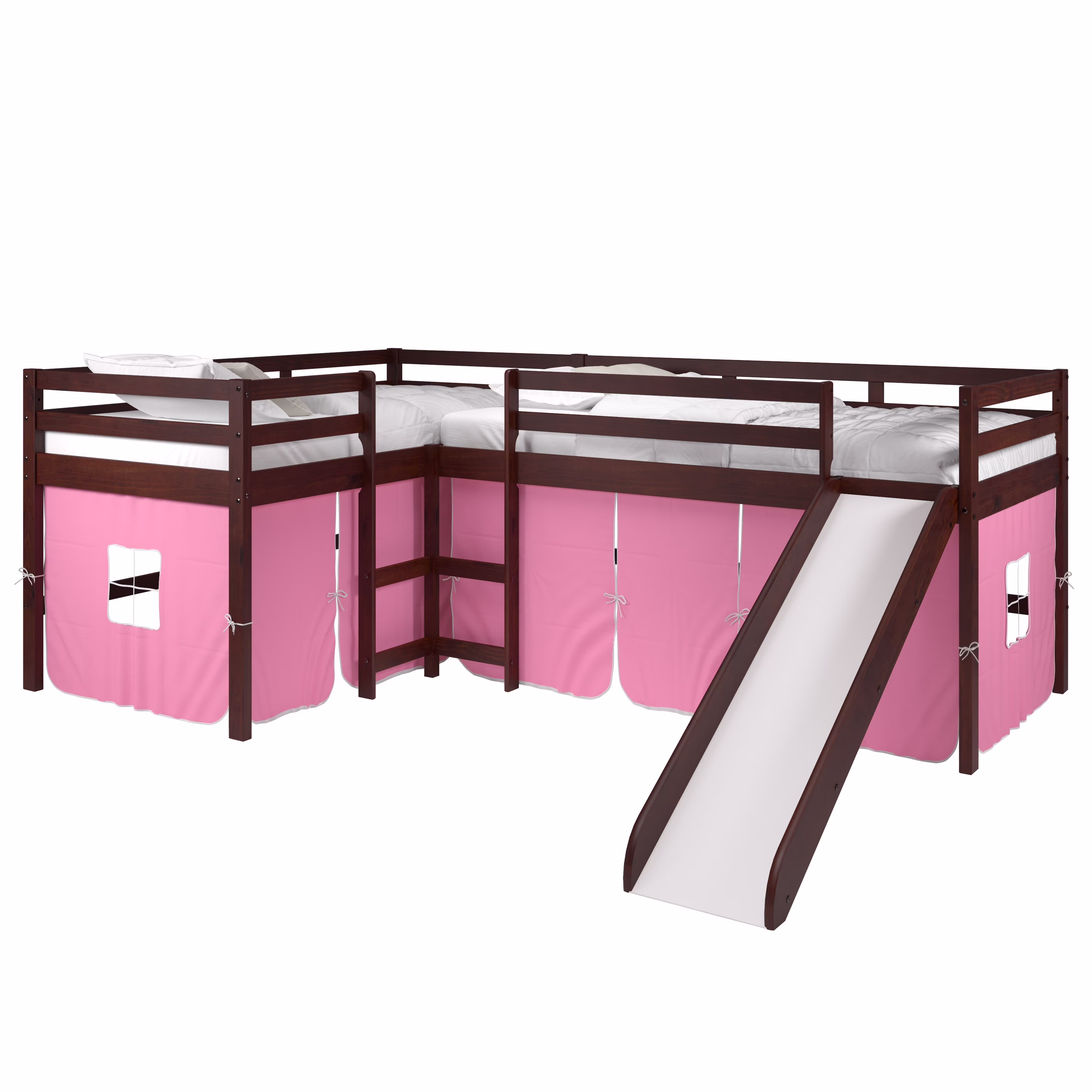 Double Twin L-Shaped Slide Loft with Optional Tent Pink With Pink Tent