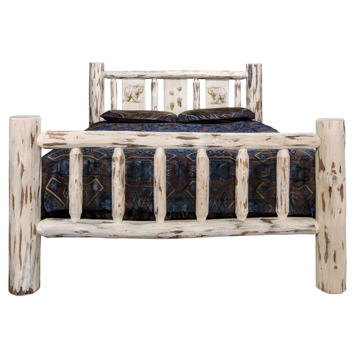 Montana Woodworks Solid Wood Twin Bed with Engraved Bear Design in Natural