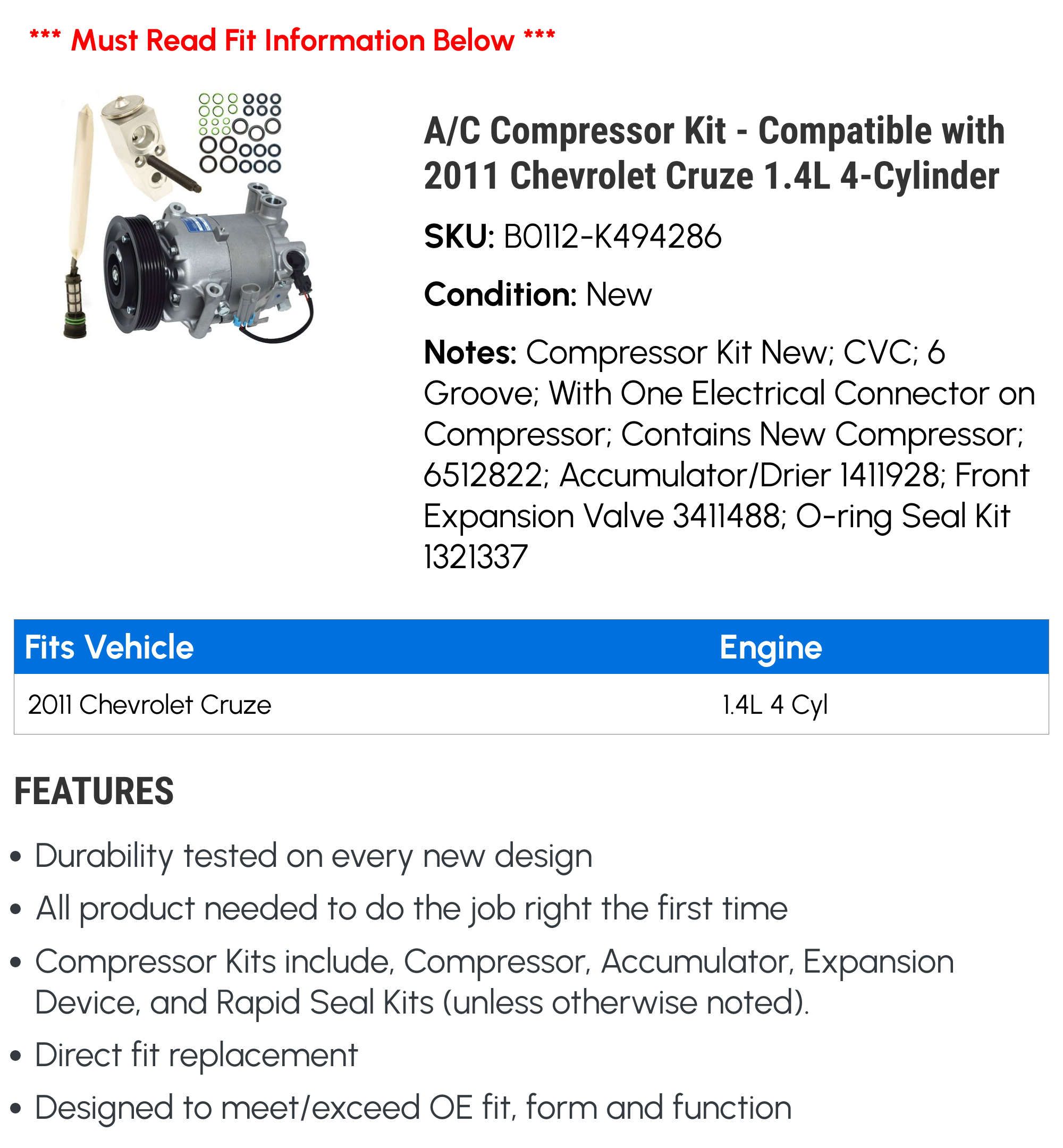 A/C Compressor Kit - Compatible with 2011 Chevy Cruze 1.4L 4-Cylinder