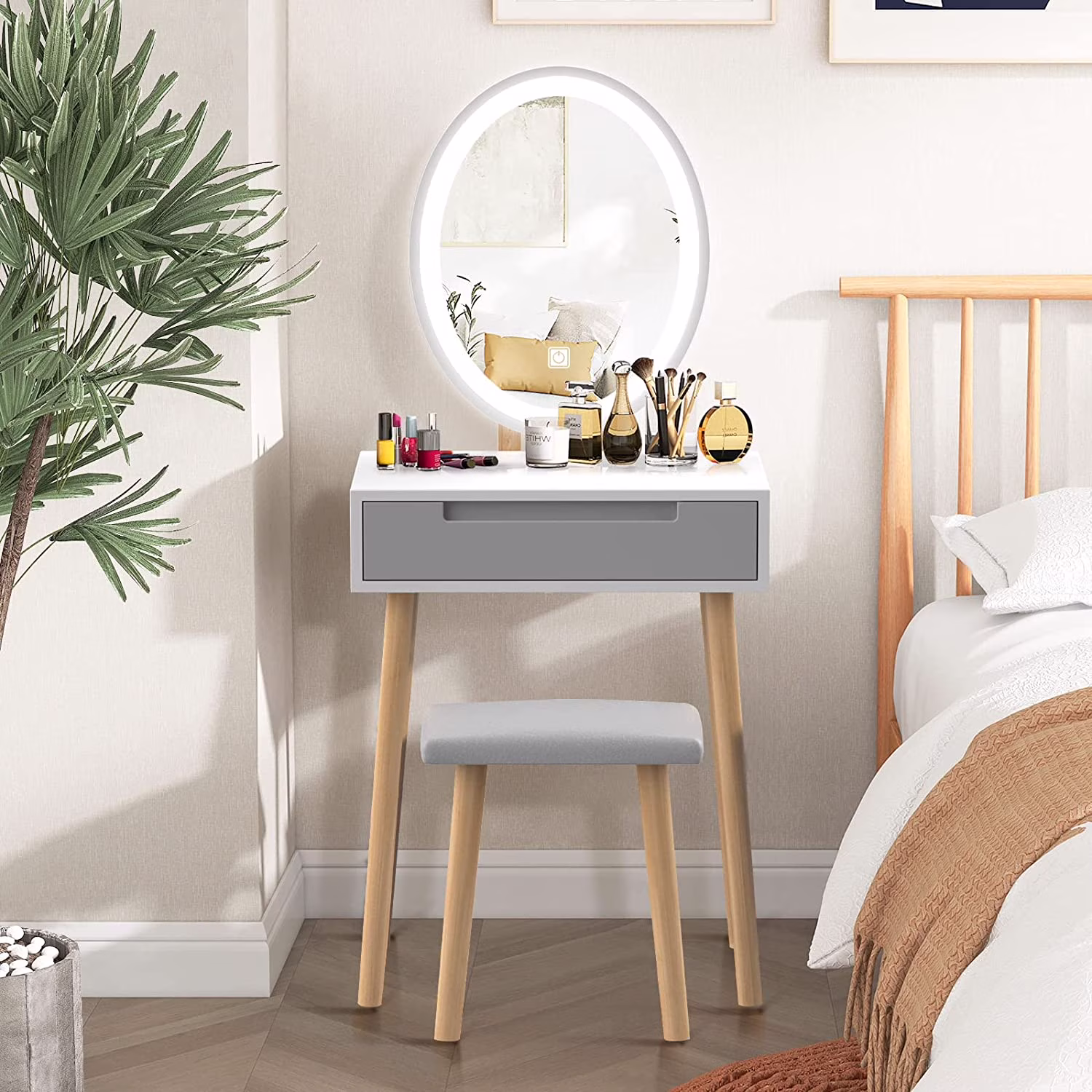 ELECWISH Makeup Vanity with Mirror Bedroom Vanity Desk with Drawers and Cushioned Stool Modern Dressing Table,Oval Mirror Gray