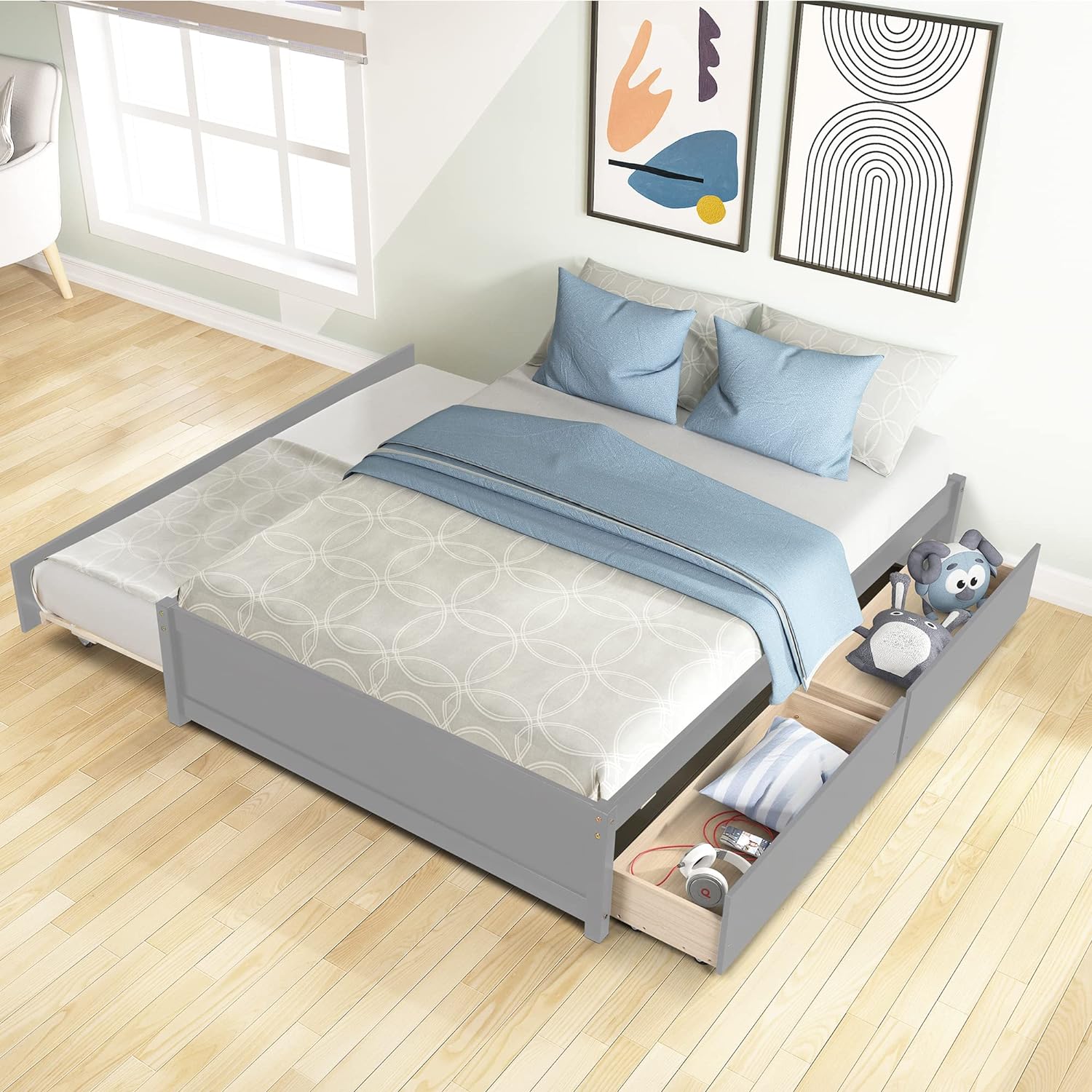 Wood Platform Bed Frame, Full Bed With Trundle And Drawers, Trundle Platform Bed Full Size, Captain Bed With Pull Out Trundle And Storage For Kids Teens And Adults Grey