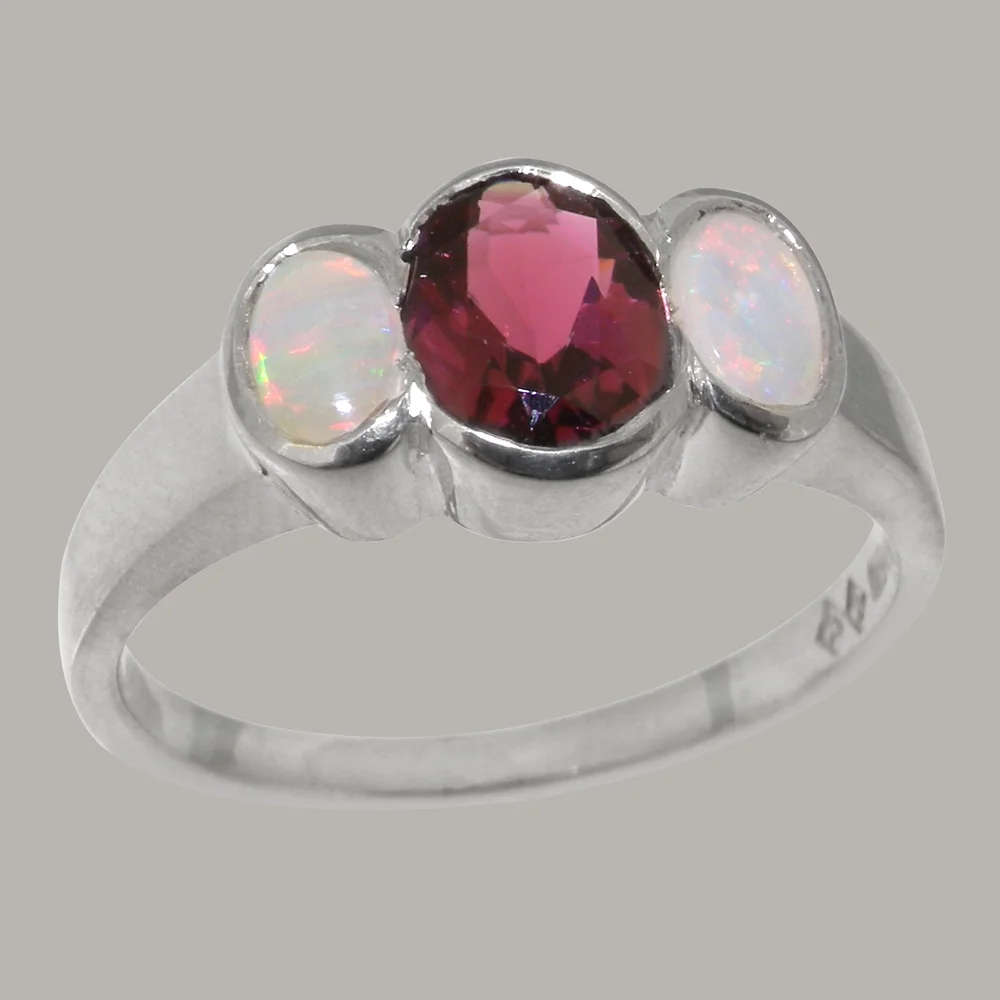 LBG British Made 18k White Gold Natural Garnet & Opal Womens Anniversary Ring - 33 size options - Size 10
