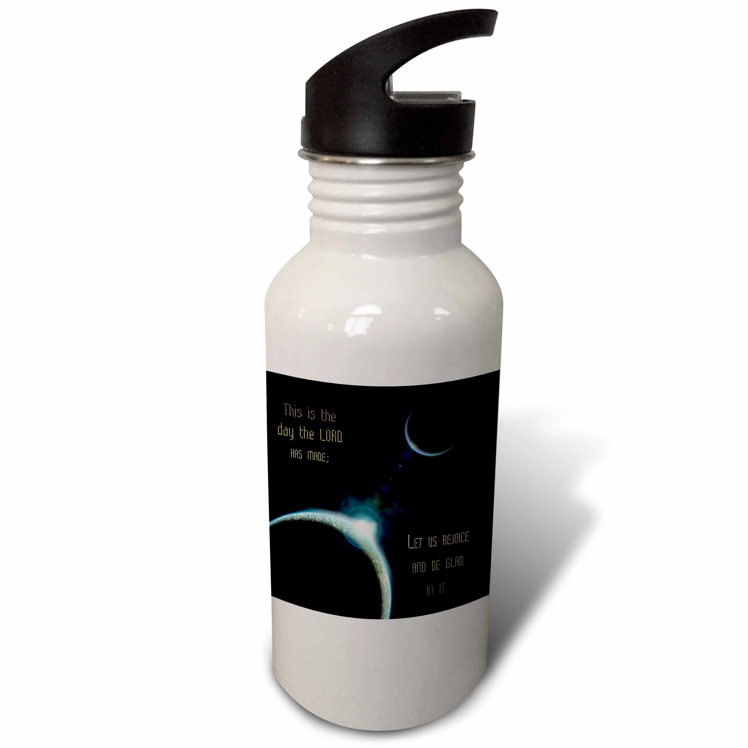 A sun announcing a new dawn over a solar system with the bible verse psalm 118 verse 24 21 oz Sports Water Bottle wb-99100-1