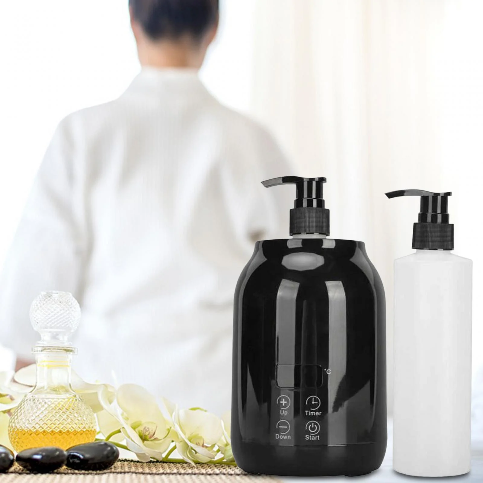 Single Bottle Massage Oil Heater Quick Heating Small with 2Pcs Empty Bottles Black