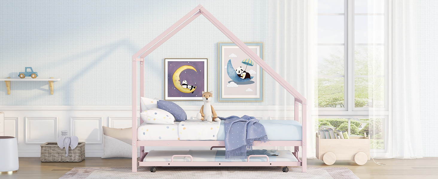 Docooler Metal House Bed With Trundle, Twin Size House Bed